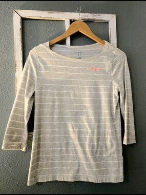 A New Day | Striped GrayPink "Hey You" Boatneck 3/4 Sleeve Tee - Medium
